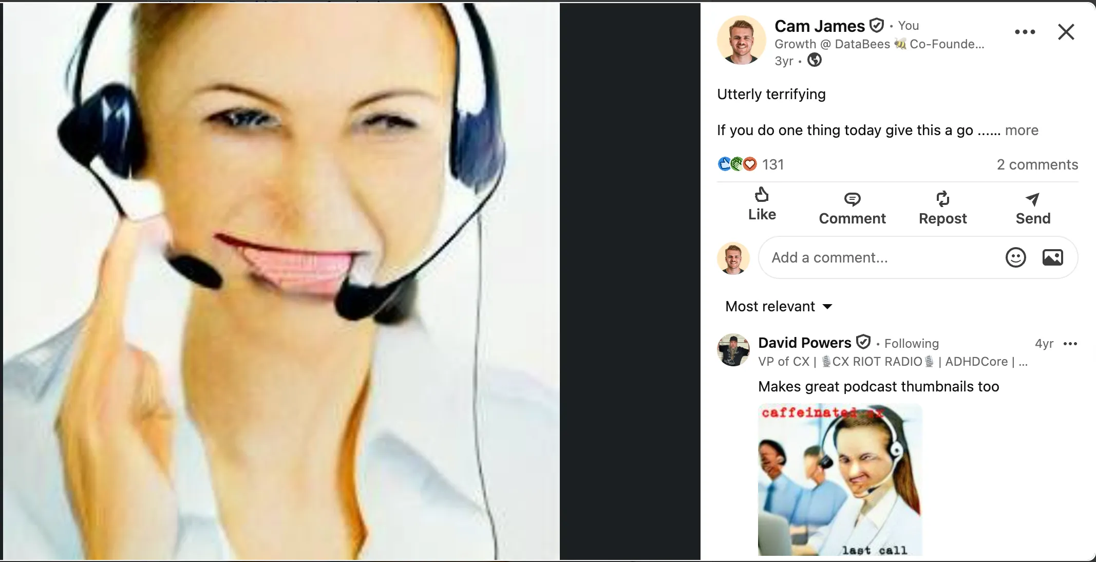 Screenshot of a 2023 LinkedIn post mocking an AI-generated image with melting eyes and extra fingers
