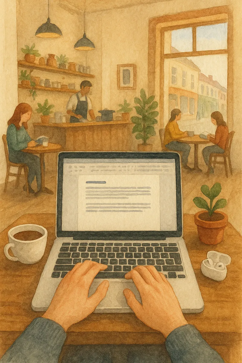 Illustration of hands typing on a laptop in a coffee shop